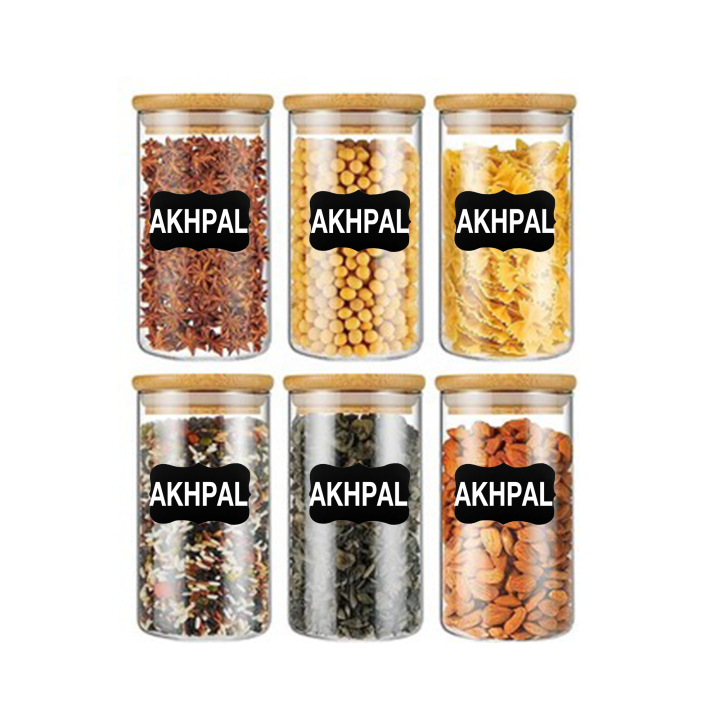 AKHPAL Glass jars with bamboo lids, 6 PieceS spice jars with bamboo lids 340ml,  glass storage jars, glass canisters with wooden airtight lids, labels, glass storage canisters for food, coffee beans, candy, spices