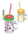 Multicolor Heat Resistant Fruity Glass Mason Jar Mugs Fruit Juice Cups with Lid and Straw For Milk, Milkshakes Juices 480 m. 