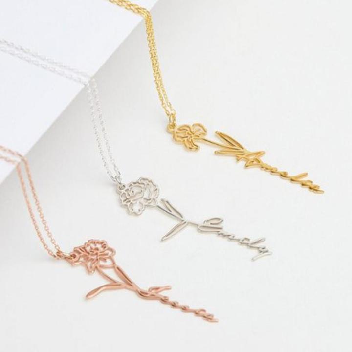 The Jewel Lodge Birth Flower Name Necklace Personalized, Floriography Custom Birth Flower Necklace with Name, Flower Wishes Customized Necklace Birthday Gifts for Women Teen Girls, 2 Colors