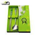2Pcs Stainless Steel Blue and White Porcelain Chopsticks Spoon Tableware Set. 