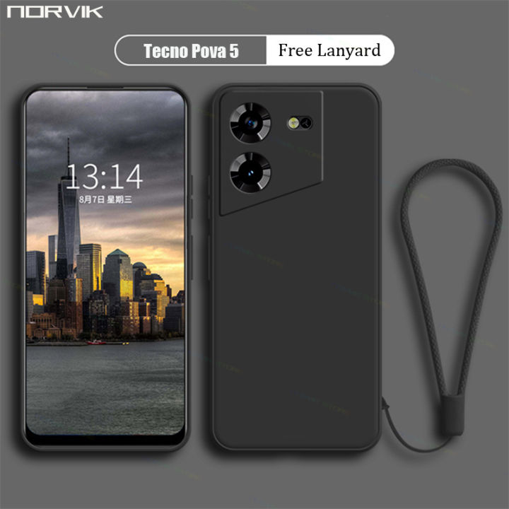 NORVIK for Tecno Pova 5 Phone Case Lens Protection Casing Solid Straight Edge Liquid Silicone Soft TPU Back Cover with Lanyard N26-D2