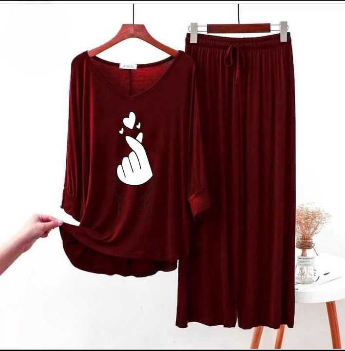 Maroon Finger love Falpper Style Ladies Night Dress full sleeve