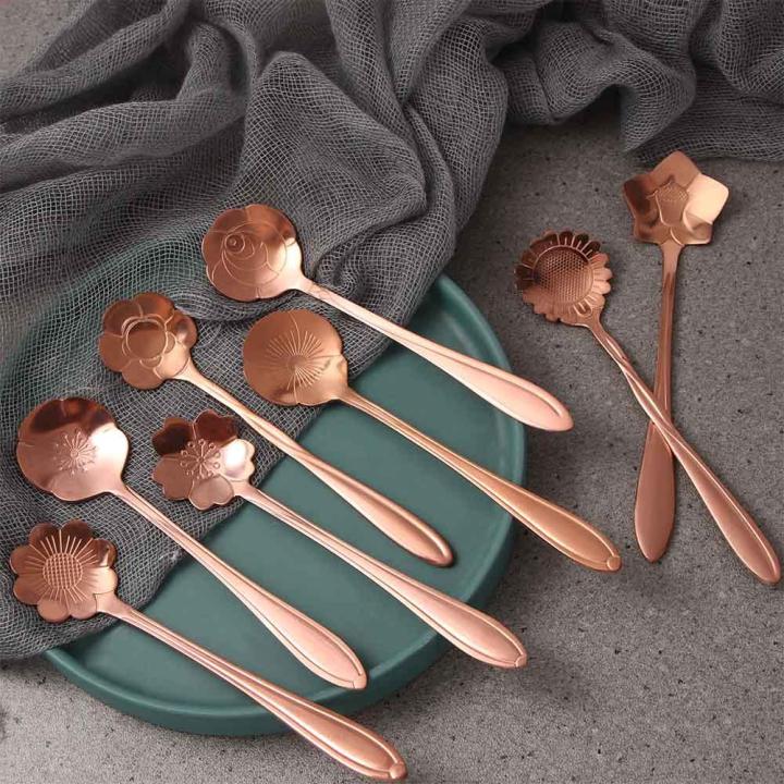 8 Diffient Pattern Rose Red for Sugar Ice Cream Coffee Dessert Bar tools Stainless Steel Mixing Spoon Flower Spoon Set Soup Spoon Cutlery Set Teaspoon