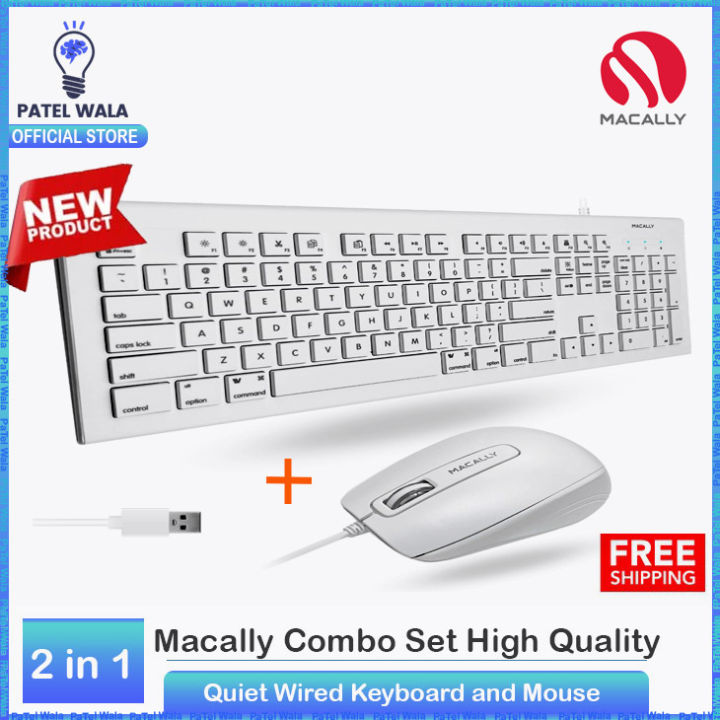(Pack of 2) Macally 104 Key USB Wired Keyboard & Mouse Combo | Apple Shortcut Keys for Mac, iMac, MacBook & Windows PC | Ideal for Office, Home & Professional Use – White
