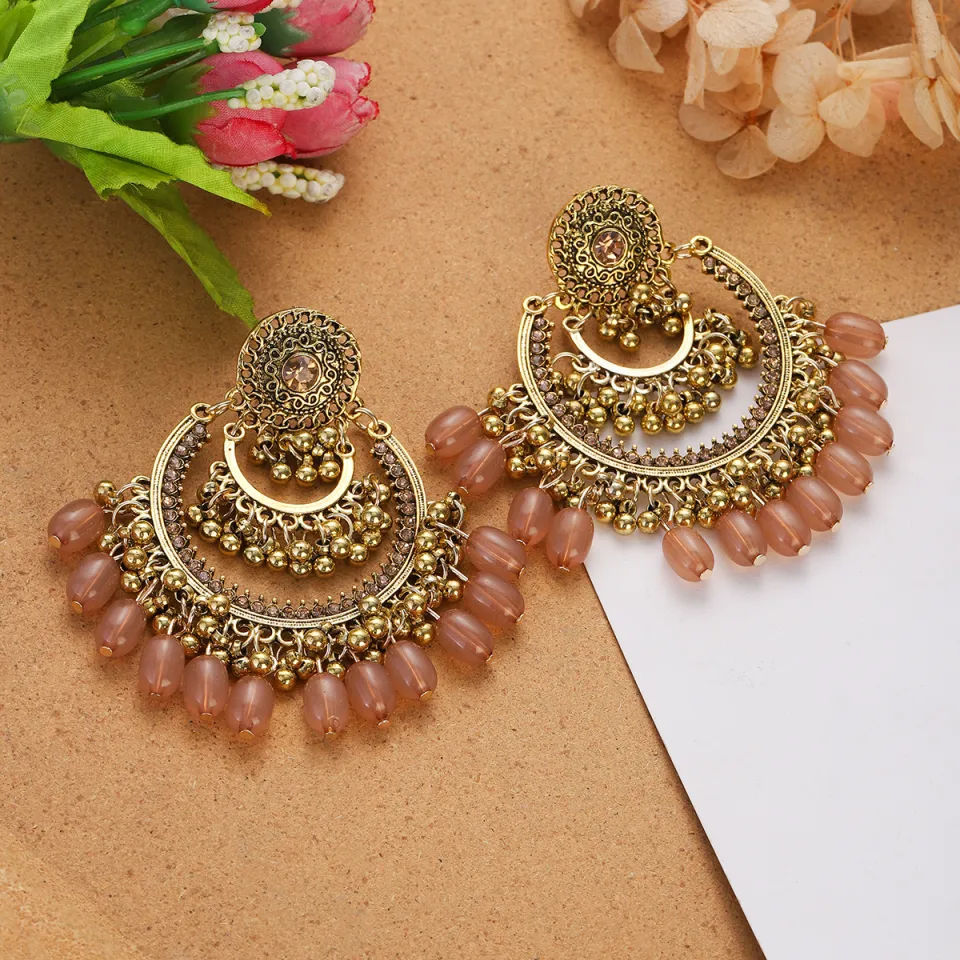 Boho Vintage Gold Color Jhumka Jhumki Earring Women's Pendientes Metal  Round Red Crystal Beads Tassel Earrings Wedding Jewelry | Daraz.pk