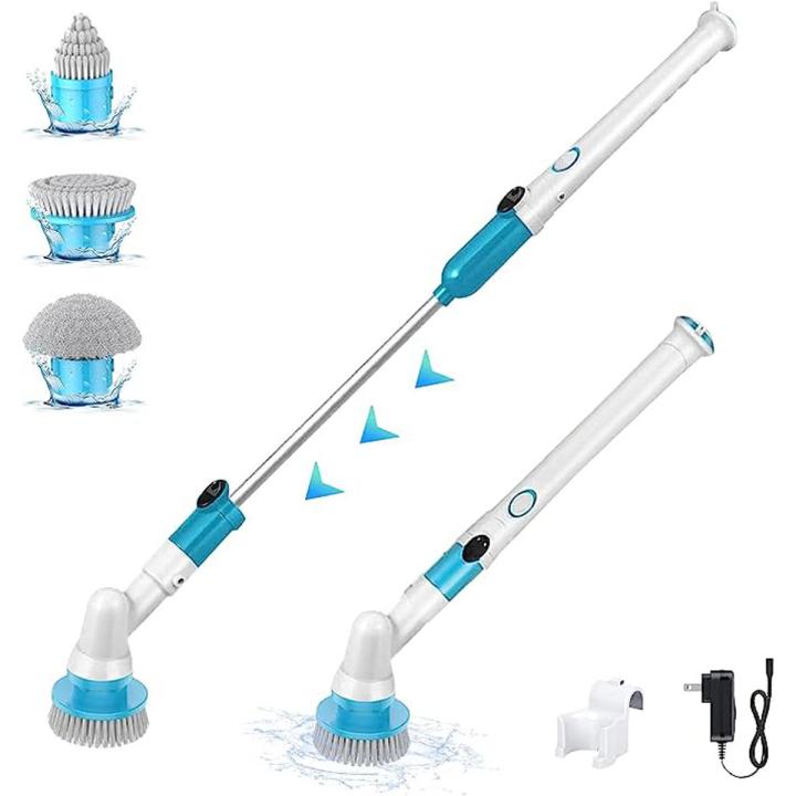 Electric Spin Scrubber,Long Handled Cleaning Brush Electric Chargeable Cleaning Brush Drill Brush Abstract Plastic Electric Spin Scrubber Machine Floor Tiles Cleaner Tool with 3 Replaceable Brushes and Long Extension