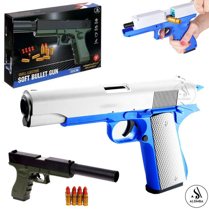New Glock Shell Ejection Soft Foam Darts ToyGun Imported High Quality Blaster - Manual Reload Airsoft ToyGun With Silencer For Kid Adult - Size Approximately 14 Inches - Random Color