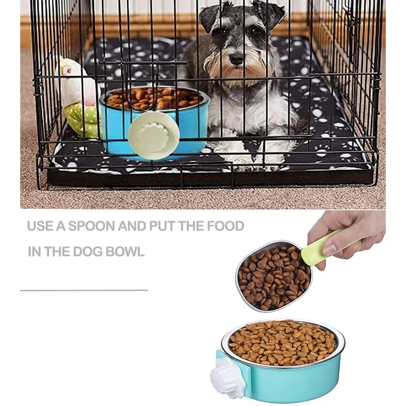 2 Pieces Crate Dog Bowl Removable Stainless Steel Pet Kennel Hang Food Water Feeder Bowl Cage Coop Cup with Spoon Daraz.pk