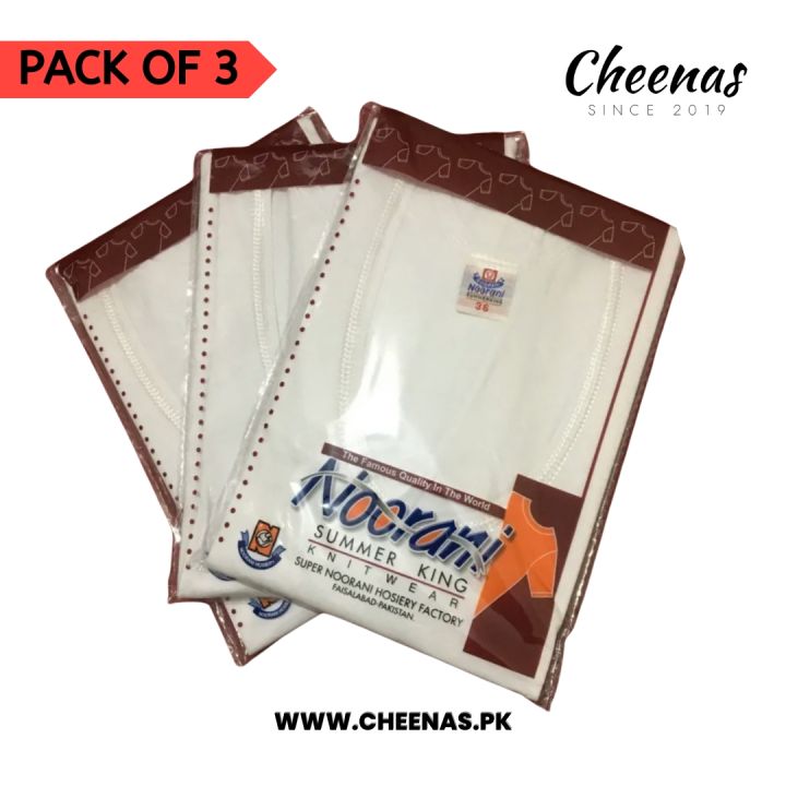 Pack of 3 Noorani Men's Banyan with Sleeves- Original Noorani Cotton Vest - White Inner wear with Sleeves
