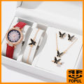 Fopul Mall 6pcs Set Fashion Petal Watch with Butterfly Bracelet Ring Necklace Set Ladies Casual Quartz Watches No Box. 