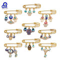 Emotion HENG Lucky Eye Fatima Hamsa Hand Blue Turkish Evil Eye Brooch Pin Gold Color Alloy Charm Brooch for Women Men Fashion Jewelry BE102. 
