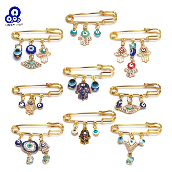 Emotion HENG Lucky Eye Fatima Hamsa Hand Blue Turkish Evil Eye Brooch Pin Gold Color Alloy Charm Brooch for Women Men Fashion Jewelry BE102