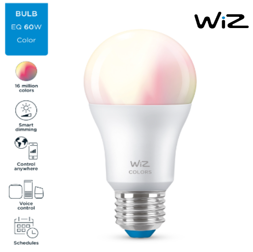 Wiz WiFi Color Smart LED Bulb- 9W (Eq. 60W) E27- 16 million colors- Voice control with Google Assistant, Alexa or Siri shortcuts