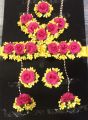 Pink and Yellow Wedding  Artificial Flower Jewellery Set / Gajra/ Bracelets / Earing/ Ring / Tikka   For Mendhi, and Multi faction #-JS04. 