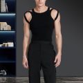 Men Solid Color Vest Men Vest O-neck Sleeveless Long Sleeve Tops Solid Color Skinny High Elastic Shoulder Hollow Out Pullover Men Long Sleeve Vest. 