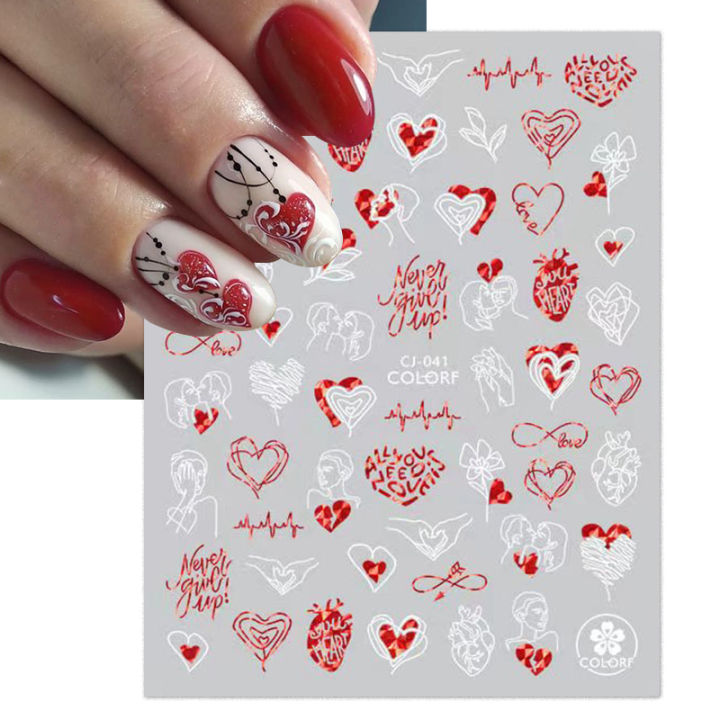 1Sheet 3D Red Heart Laser Nail Sticker Black Letter Star Line Self