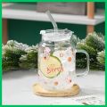 Glass tumbler Mug with lid and glass straw-Spill Proof with silicon protective Lid-Coffee, Milk glass Mugs-cute Juice glass mug. 