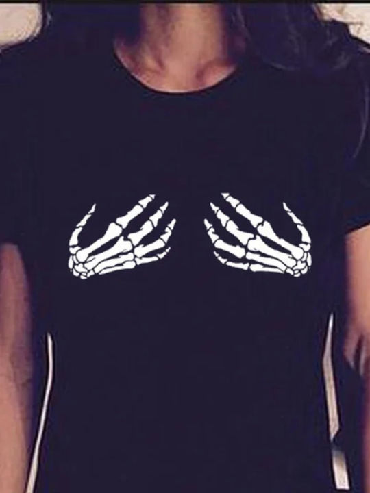 Funny Skull Skeleton Hand Print T Shirt Women Short Sleeve O Neck Loose Tshirt 2020 Summer Women Tee Shirt Tops Women