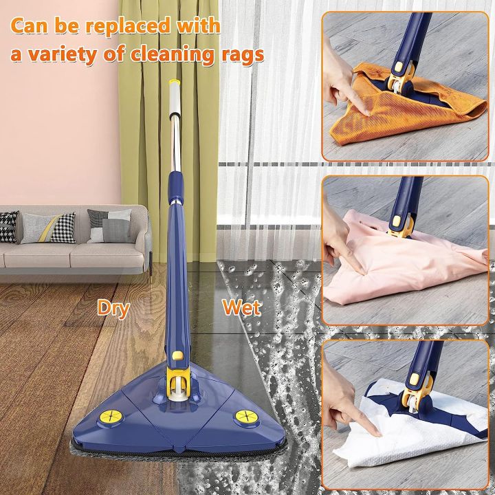 Triangle Shaped 360° Rotatable Adjustable Cleaning Mop, 51Inches Long Handle Microfiber Dust Mop for Wall, Ceiling,Window and Baseboard Cleaner (Blue)