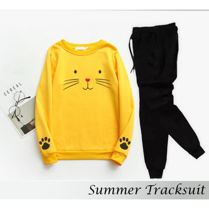 Trendy Fashion Cute Cat Kitty Printed Tracksuit Soft Fabric Summer Full Sleeves Sweatshirt & Trouser Track Suit for Men Casual_Wear Sweat Shirt Track Suit Gym Sports Workout Wear