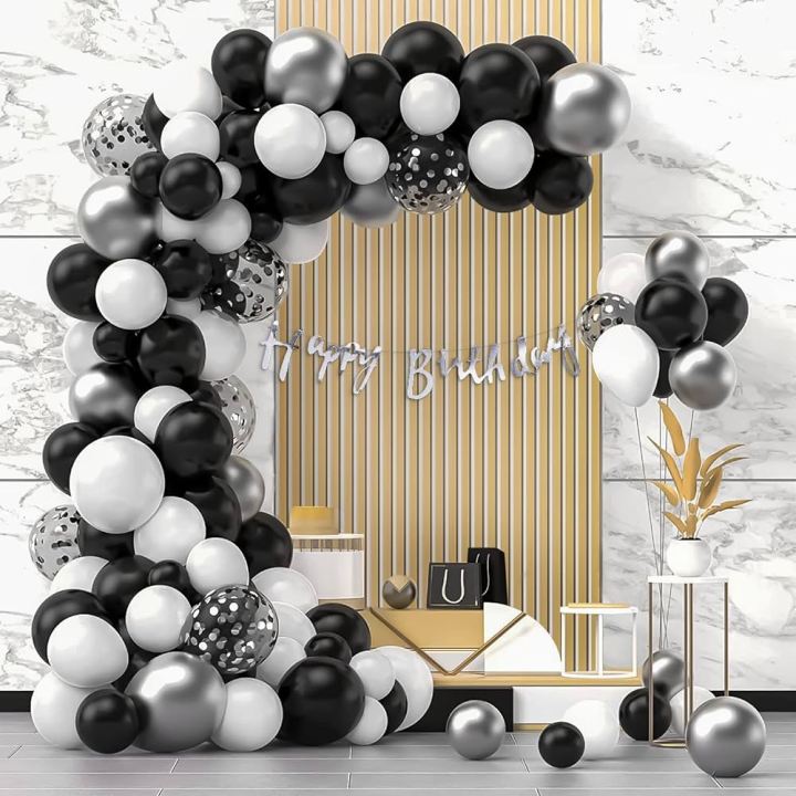 Black and White Birthday  Decoration Set with Silver Buntings Banner , Confity Balloons and Latex Balloons With Arch Making Strip