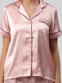Pink Solid Color Satin Silk Shirt & Shorts Nightsuit For Women. AF-038PNK. 