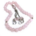 Natural Rose Quartz Stone Tasbih 33 beads Muslim women men rosary | Islamic Prayer tasbeeh with Metal fancy Chain & Gift Box. 