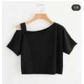 Black Plain Printed Cotton Off Shoulder Cropped T-Shirt For Women. 