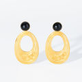 Eilieck 316l Stainless Steel Oval Tree Whorl Pattern Earrings For Women Black Stone Ear Jewelry Party. 