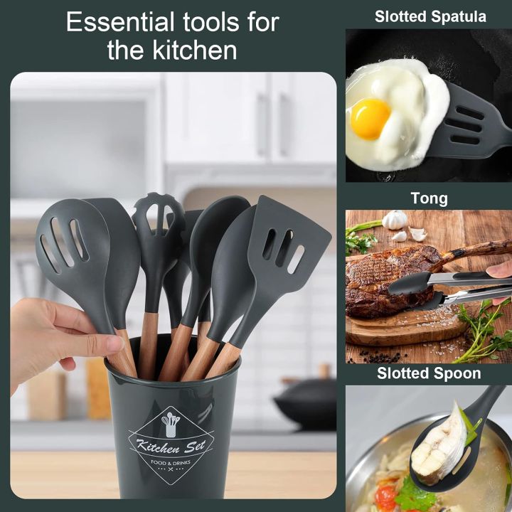 Kitchen Utensil Set 11 PCS Cooking Utensils With Plastic Utensil Holder, Non-stick Silicone and Heat Resistant Wooden Utensils.
