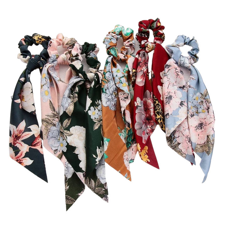 2pc Fashion Flower Print Hair Scarf Bow Scrunchies Ponytail Headband for Women Hair Accessories Bowknot Elastic Hair Rope Hairbands