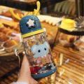 Cartoon Print Plastic Baby Water Bottle With Portable Anti Fall Straw 600ml. 