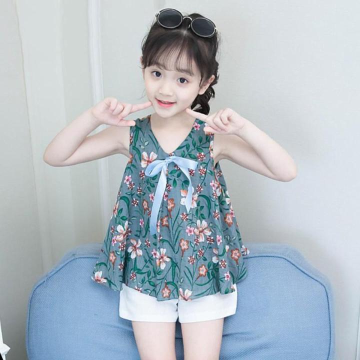 BestGO Summer Baby Girls Clothes Child Sleevss Floral Print Top White Shorts Fashion Clothes Set Daraz.pk