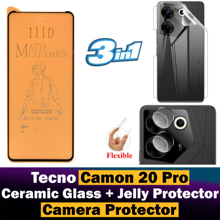 Tecno Camon 20 Pro Matte Glass Fiber Glass Protector + Back Protector Transparent Hydrogel Soft Film jell Protection + Back Rear Camera Protector 9H Gorilla Flexible Protection For Camon 20 Pro