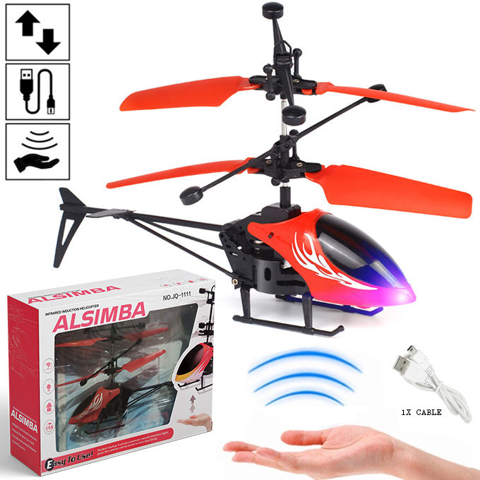 Alsimba Flying Helicopter Hand Induction Control With LED Light Gravity Sensor USB Rechargeable Toy For Kids - No Remote Required - Size Approx. 8 inches - Red