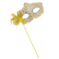 Women's Masquerade Masks Side Feathers Flower Petal Hand Held Lace Half Mask Stick Halloween Masks. 