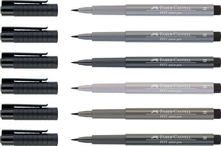 Faber-Castell Pitt Artist Brush Pen Set, Shadow, Grey Set of 6 Pens