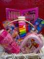gift basket for kids with lunch box , pencil box , water bottle , stationery kit , colouring kit , caryouns , colours , markers , pencil , eraser , sharpner , glue , play dough  ,sticker , water colours. 