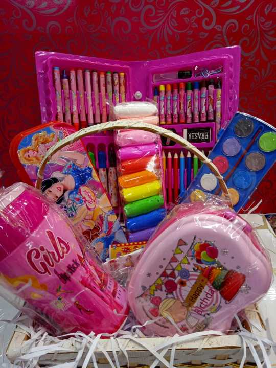 gift basket for kids with lunch box , pencil box , water bottle , stationery kit , colouring kit , caryouns , colours , markers , pencil , eraser , sharpner , glue , play dough  ,sticker , water colours