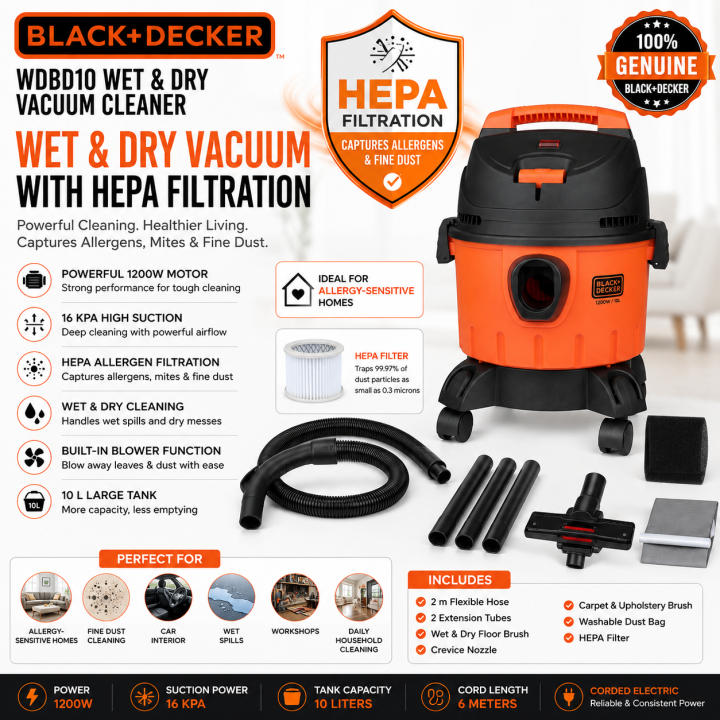 Black+Decker Vacuum Cleaner (Wet & Dry) with Blower function - WDBD10 - 10 Litre Drum 1200 Watt - with HEPA Filter (Allergen Filtration)