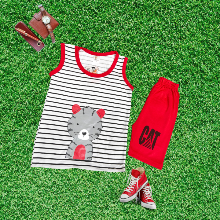 Stylish Sando Shirts and Shorts For Kids Baby Boys Round Neck O Neck Yellow/Pink 2Pc Kids Graphics Out Fit  Short Sleeve CAT print cotton jersey bodysuit
