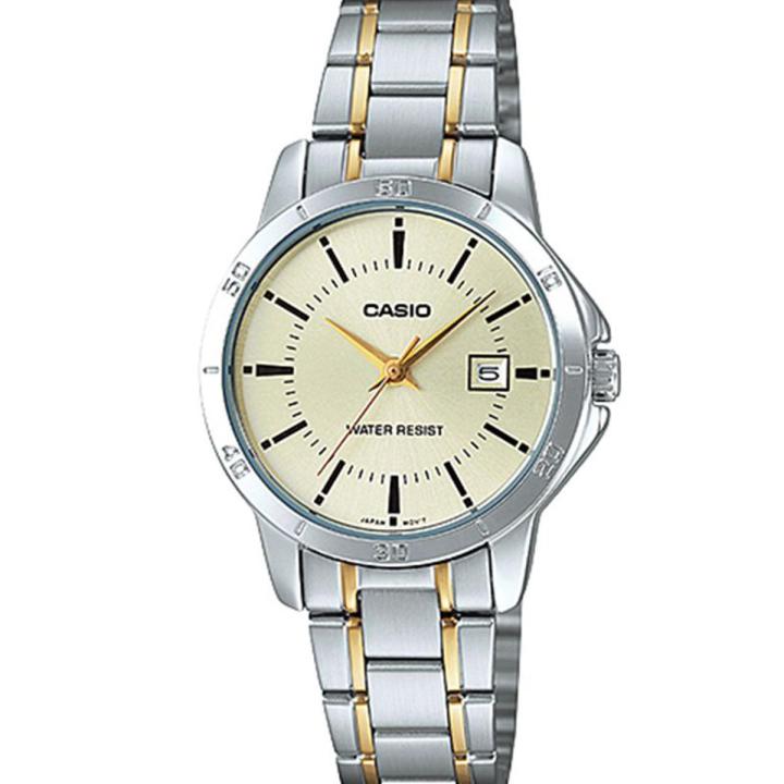 CASIO GOLDEN DIAL WITH DATE & GOLDEN & SILVER BRACELET WOMEN'S WATCH - LTP-V004SG-9AUDF