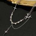 Kpop Zircon Cross Star Beaded Necklace Men Imitation Pearl Star Pendant Necklaces Y2K Hiphop Star Tassel Choker Necklace Unisex. 