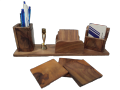 Wooden office Desk Organizer set with 6 Tea Coaster Plates, Pen Stand and Business Card Holder, 3 in 1 Office Desk ORganizer.. 
