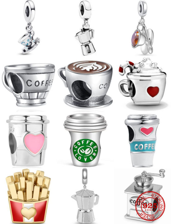 New 925 Sterling Silver coffee Coffee Maker French fries Fine Charm Bead fit Original Pandora Bracelet Trinket DIY Women Jewelry