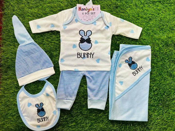 New Style Bunny 5 pcs Dress For Newborn Baby With Wrapping Sheet And Bib