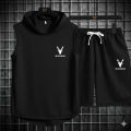 5 Ú Black Vinyl Dumble Printed Gym Summer Hooded Sleeveless Tracksuit for Mens (Hooded Tshirt + Trouser ). 