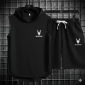 5 Ú Black Vinyl Dumble Printed Gym Summer Hooded Sleeveless Tracksuit for Mens (Hooded Tshirt + Trouser ). 