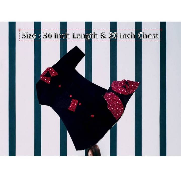 New Top Stylish Embroidered, Stylish Sleeves, Black Frock for Girls with Red Printed coati
