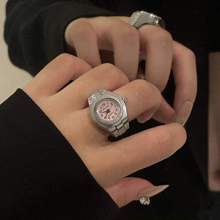 Fashion Jewelry Punk Watch Finger Ring Mini Clock Retro Silver Stretch Stainless Steel Rings for Men